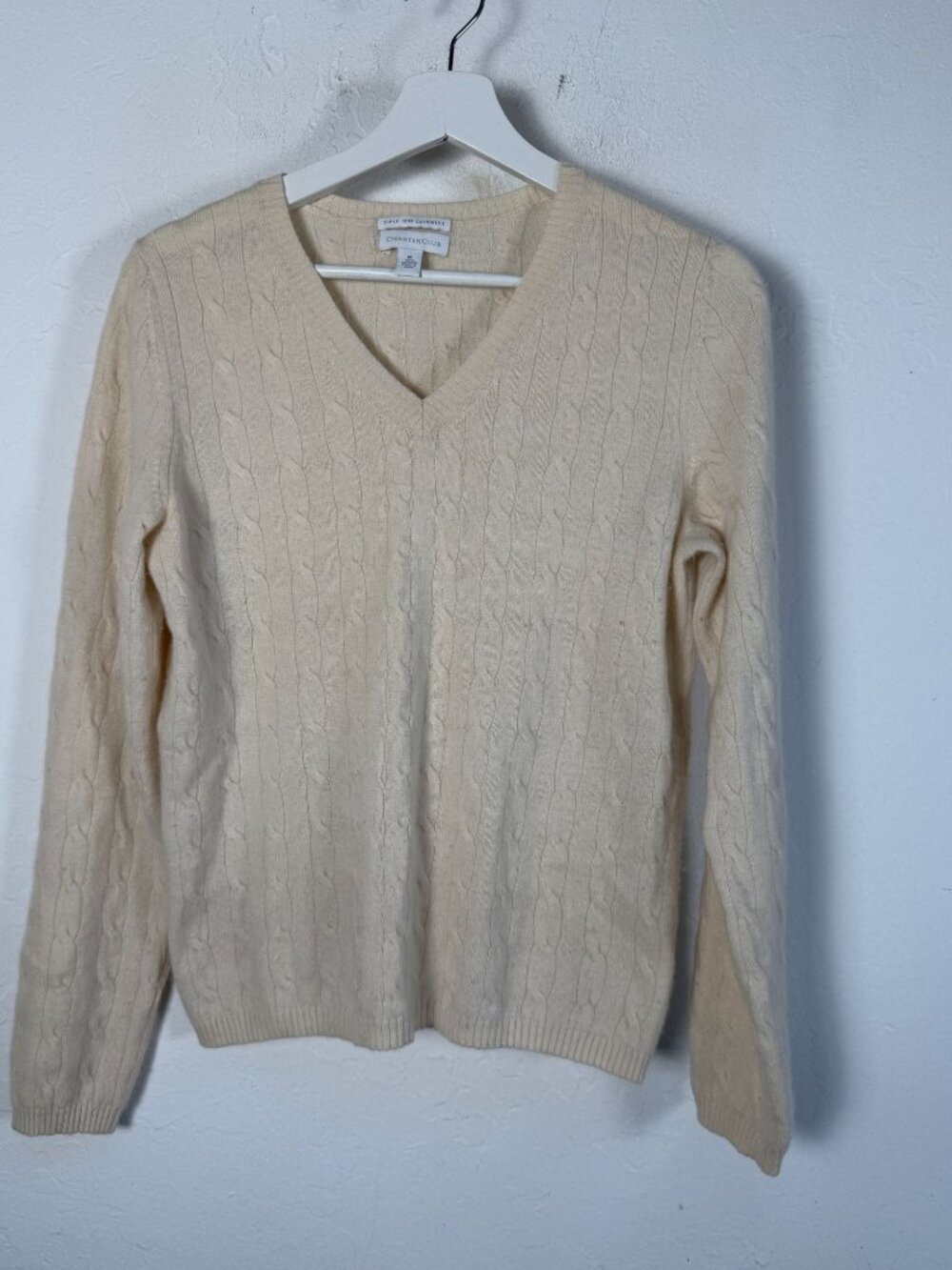 Charter Club Womens Beige V-Neck Cable Knit Cashmere Sweater Medium Pullover